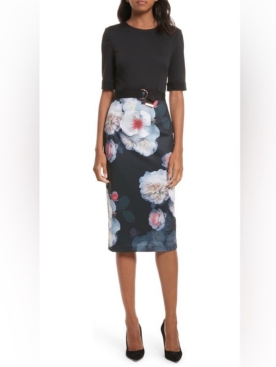 Ted Baker Dresses & Skirts - Ted Baker Masason Chelsea Floral Black Bodycon Belted Sheath Midi Dress Size 1